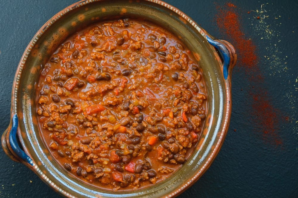 Black bean chilli in a pot.