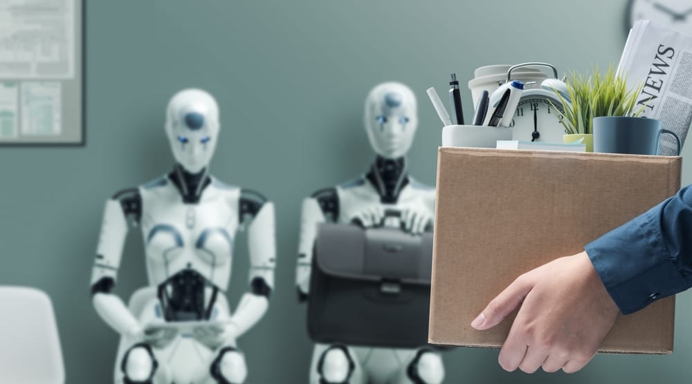 Office worker replaced by AI robots.