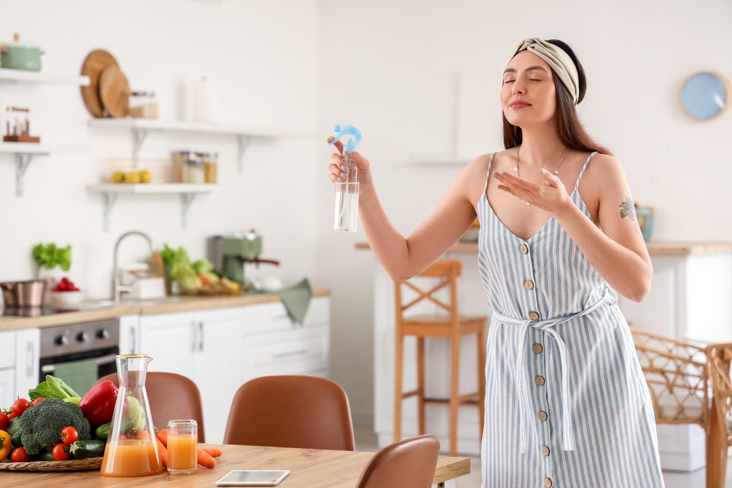 Woman spraying air freshener in her kitchen.