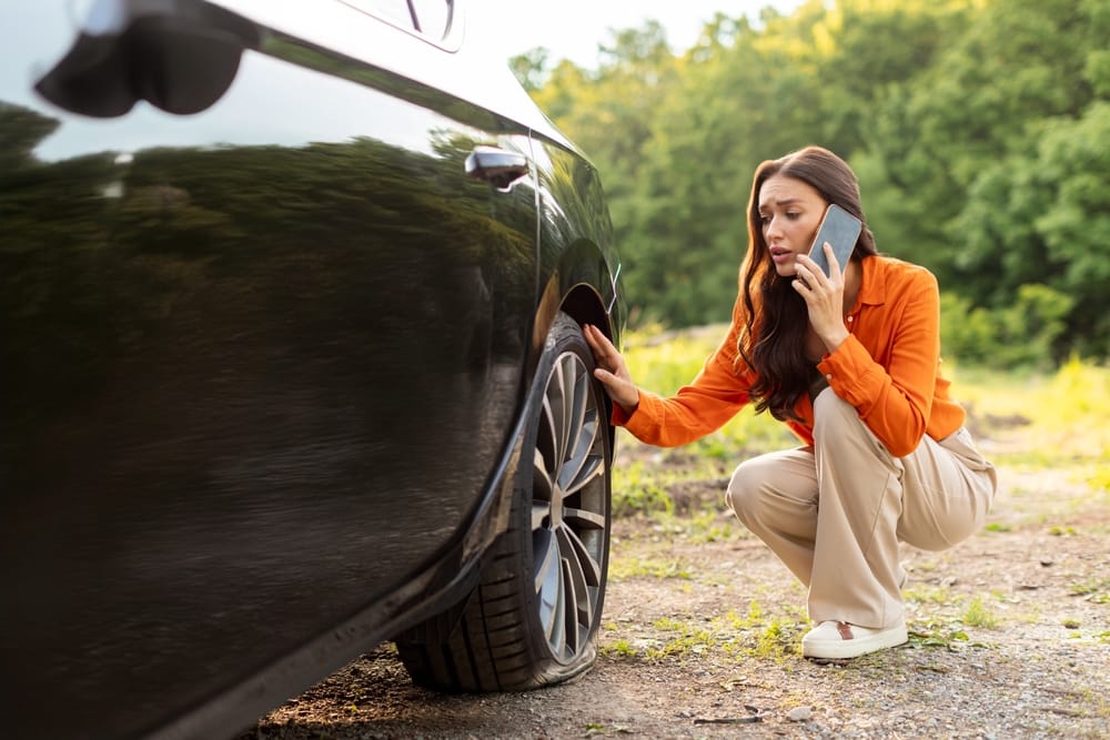 Woman on the phone with a flat tire.