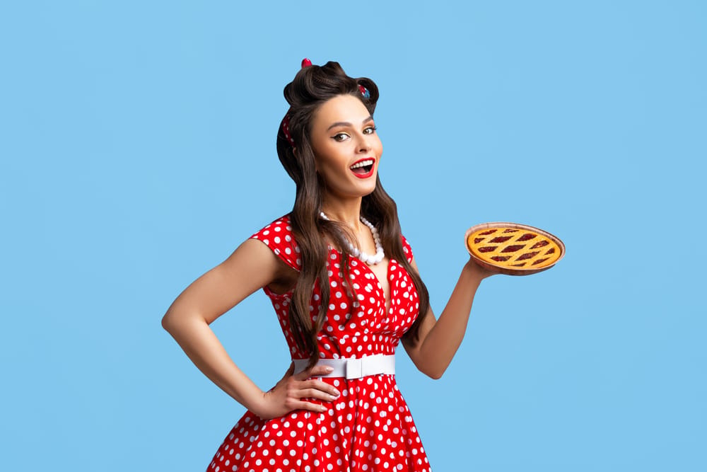 Woman in a polka dot dress.