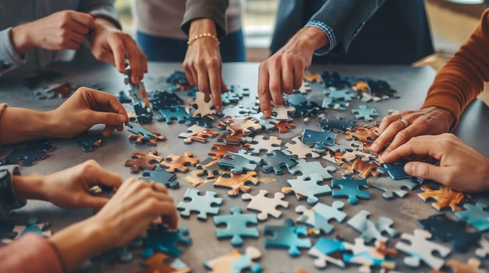 Friends doing a puzzle together.