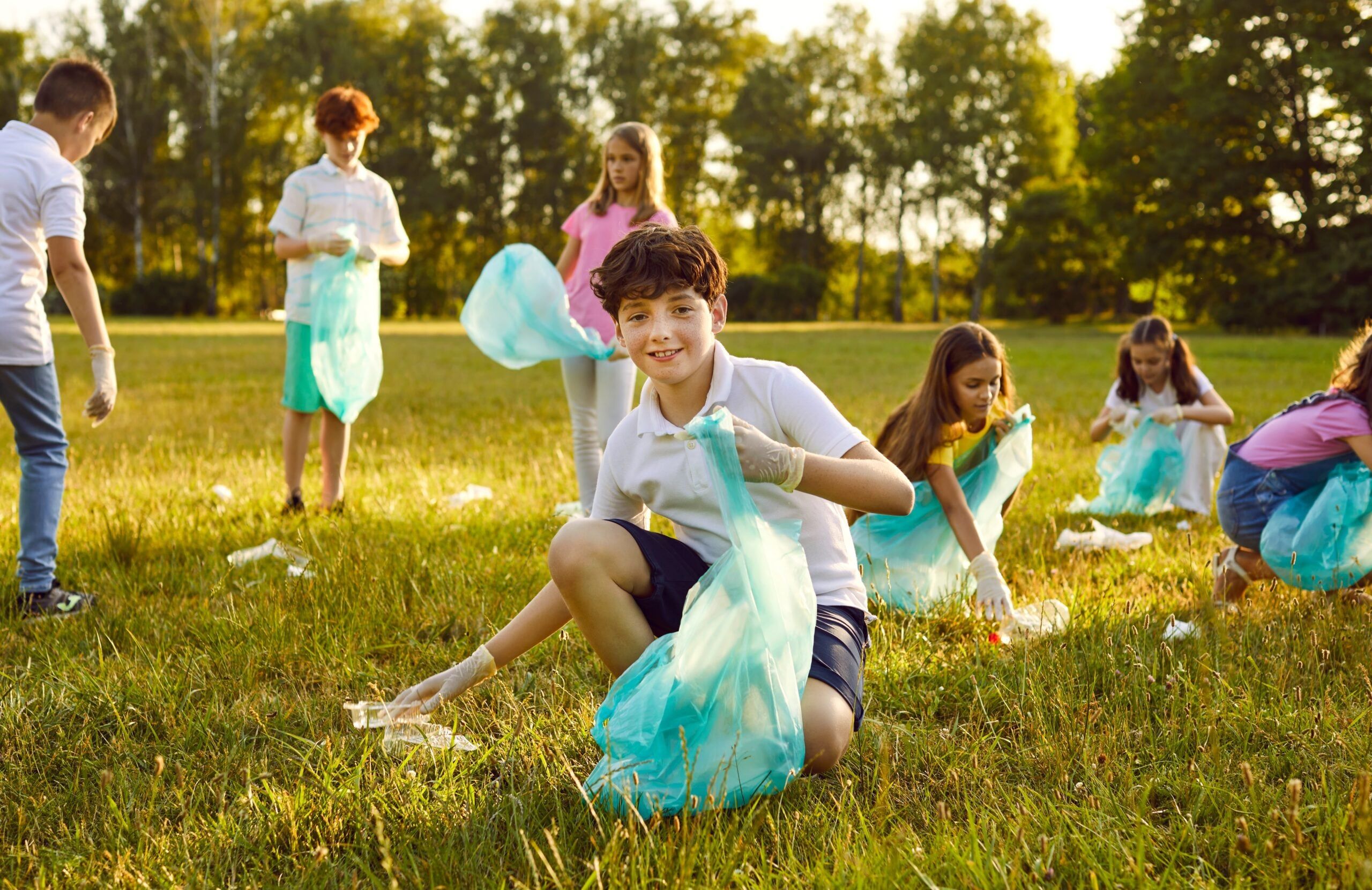 Children picking up trash.