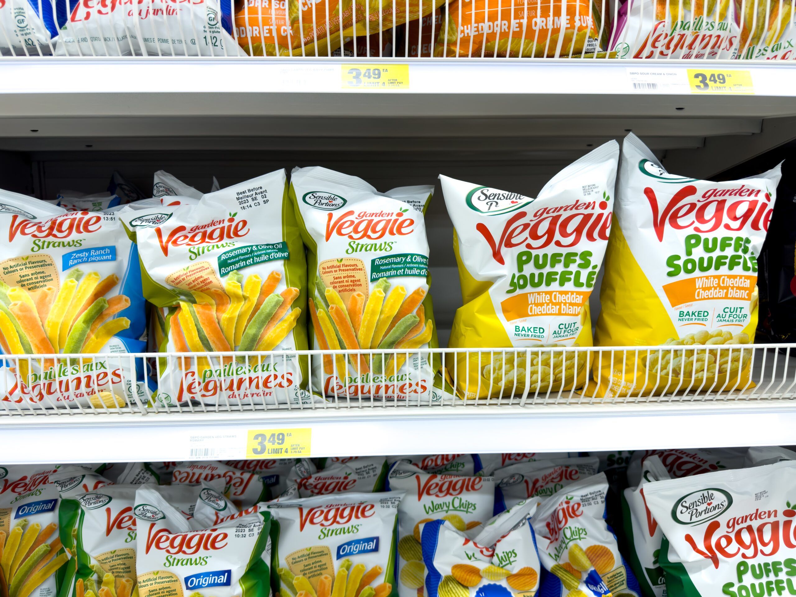 Veggie chips in the supermarket shelf.