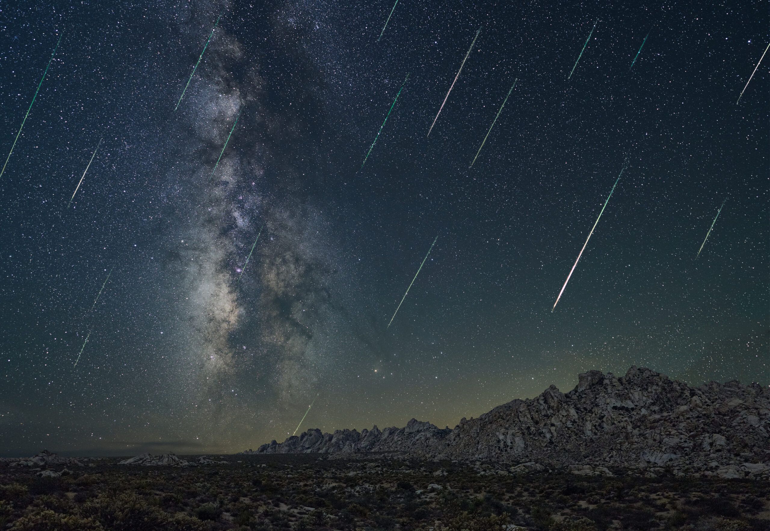 A meteor shower at night.