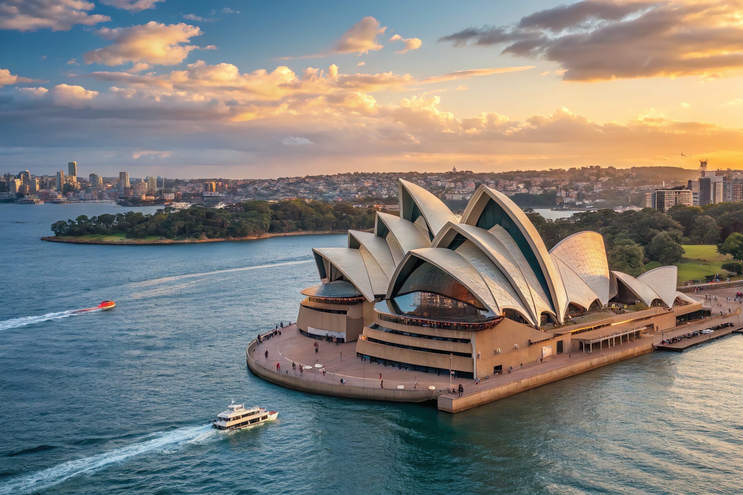 Sydney Opera House at Sunset with Boats on Sydney Harbour.