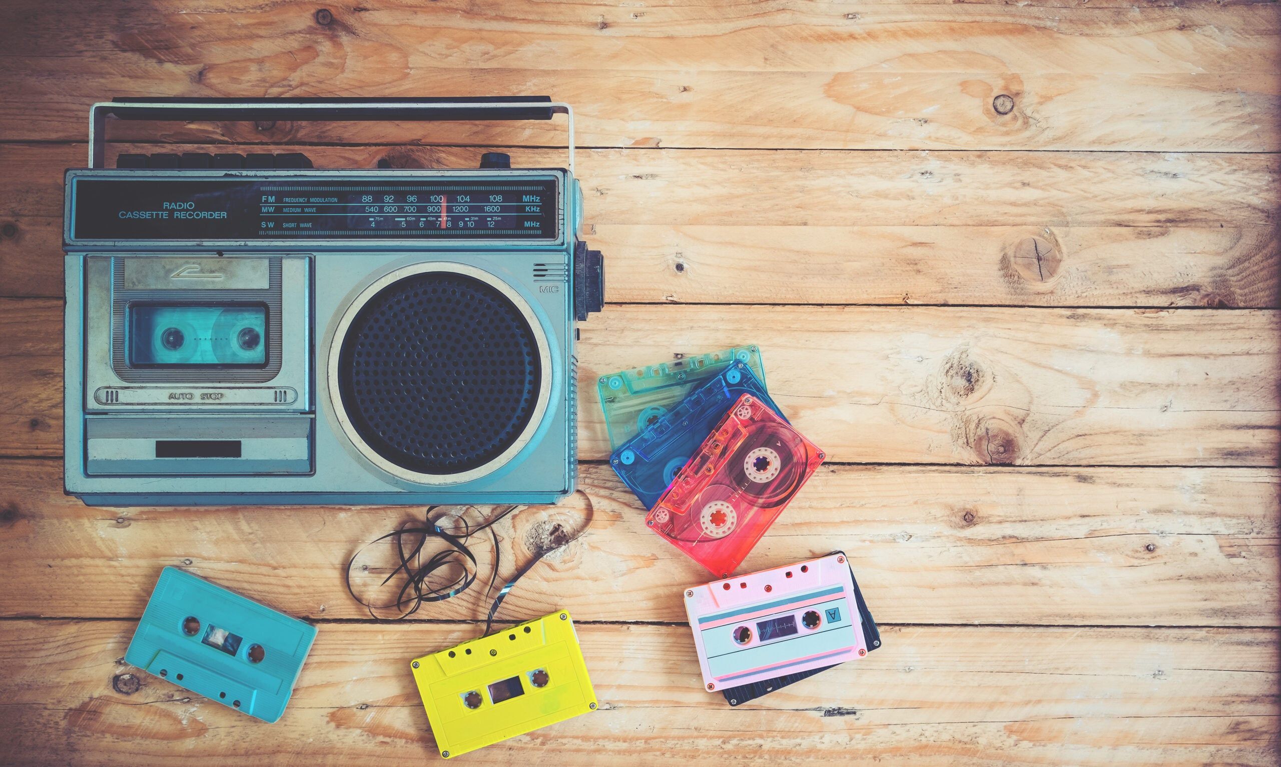 A 1970s cassette player and tapes.