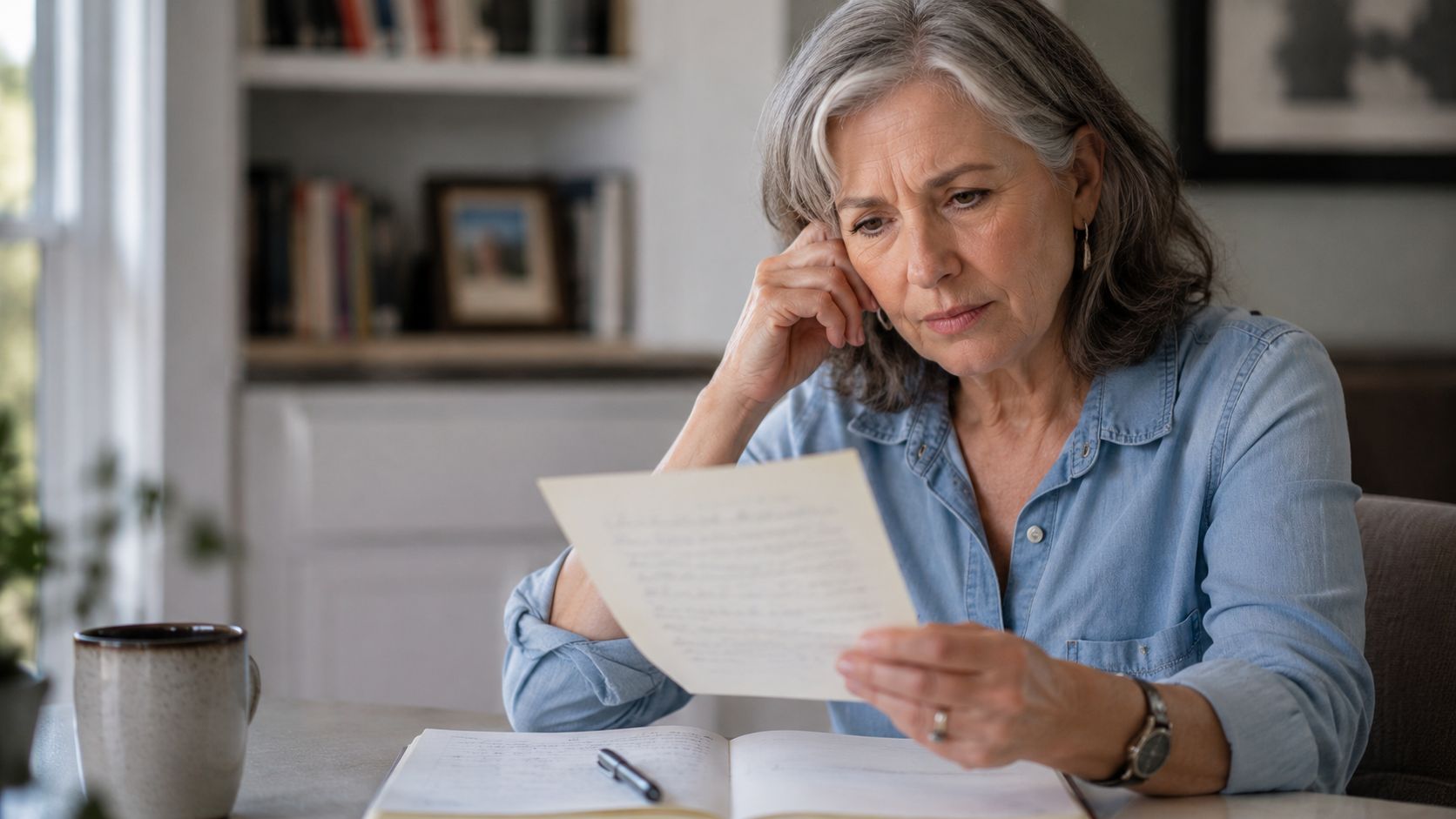 Aging woman looking at her handwriting