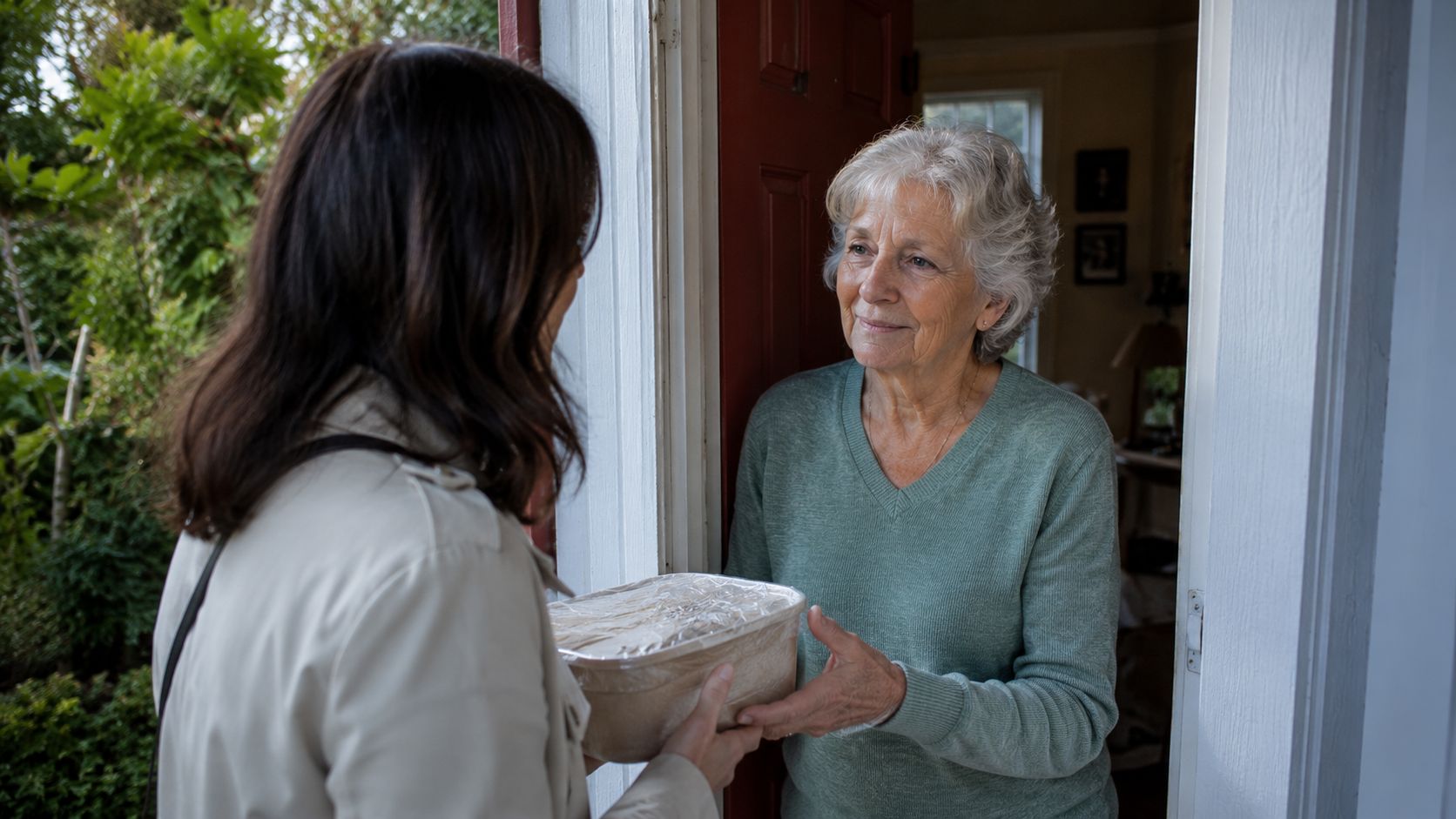 Boomer mom hands her daughter food to take home even though she doesn't want it.