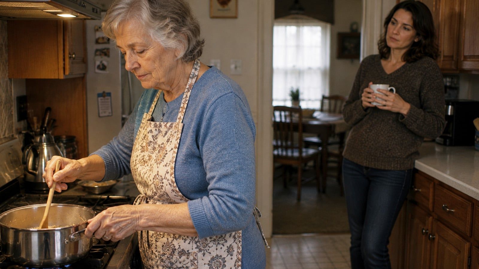 Mom cooking while daughter watches from the background.