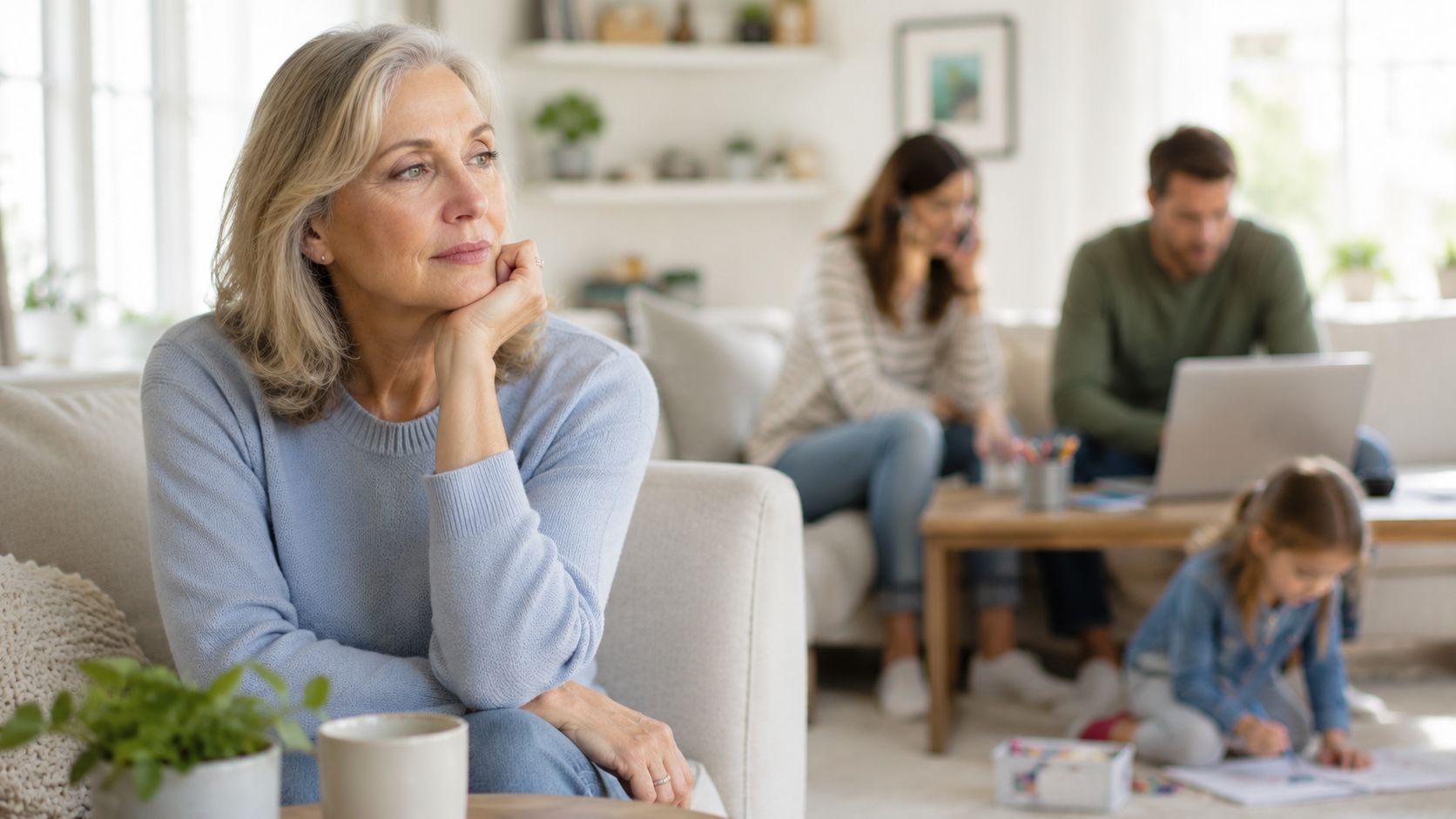 Older woman sitting quietly in a bright living room while her adult children juggle work and parenting responsibilities in the background.