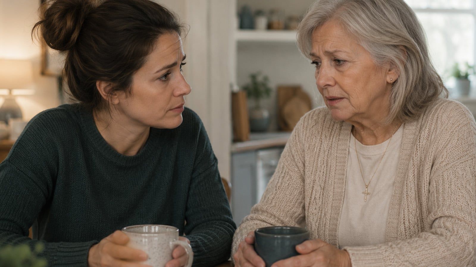 A younger woman and an older woman sit at a table holding mugs, having a serious conversation. Both look concerned; the younger woman listens attentively as the older woman discusses her religious beliefs and why she stopped going to church.