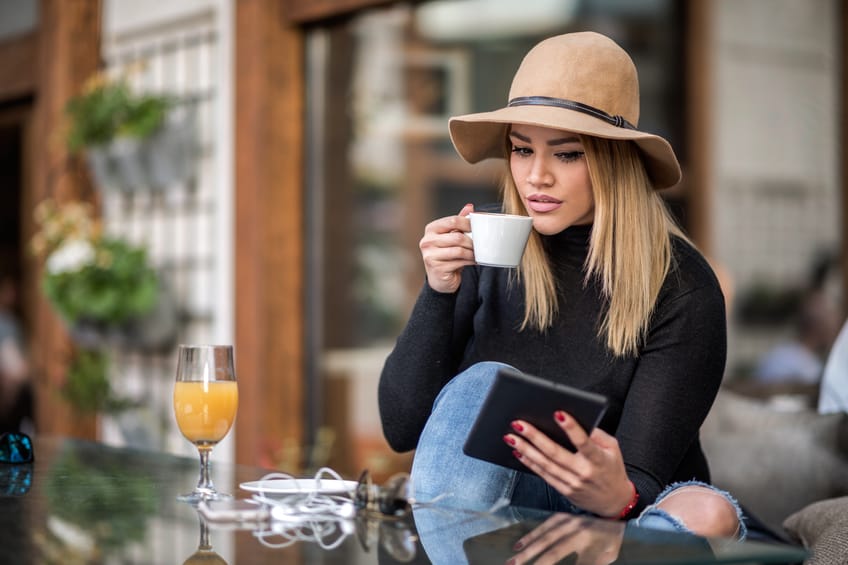 woman cafe tablet beautiful