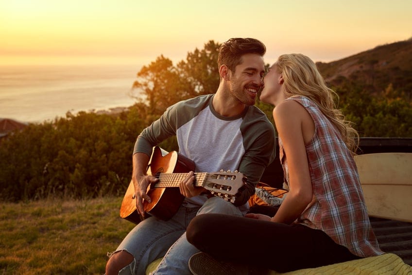 couple sunset guitar romance love