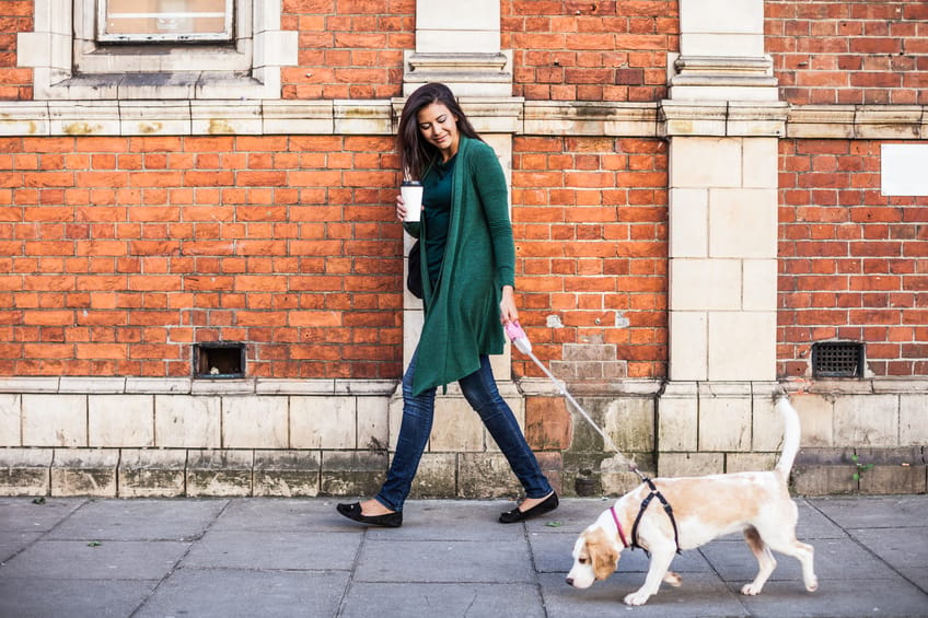 woman walking dog happy coffee