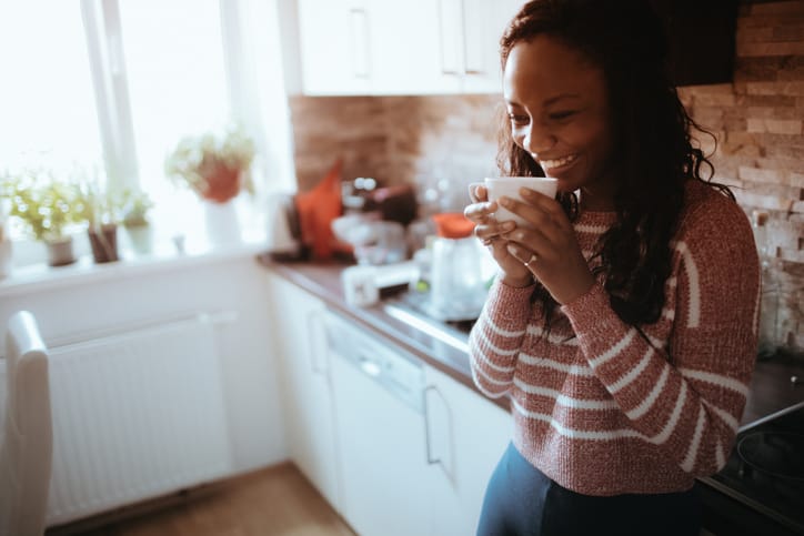 happy young woman coffee home happy