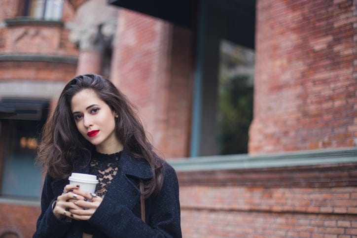 happy beautiful woman street cafe fashion