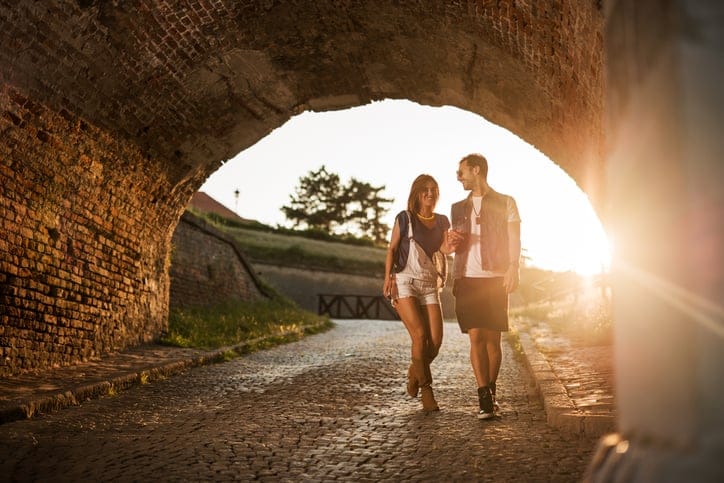young couple romance walking date