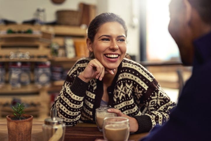 Shot of a young couple enjoying their date at a local coffee shop