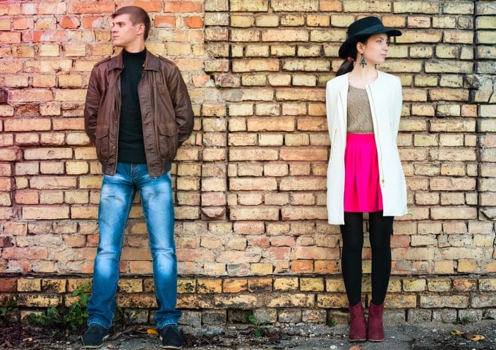 unusual young pair of people in love the spring outdoors