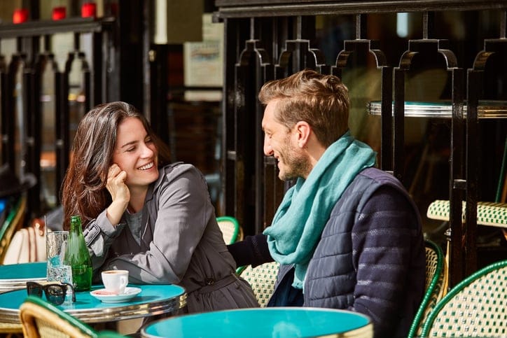 Shot of a smiling couple sitting together at a table at a sidewalk cafe
