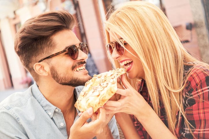 couple pizza laugh dating love