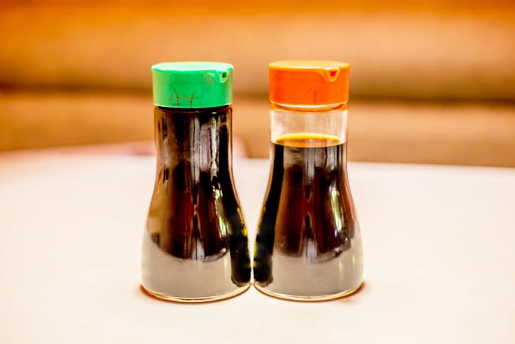 Bottles of soy sauce.