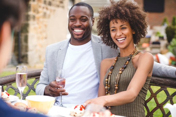 Young couple enjoying scones and champagne.