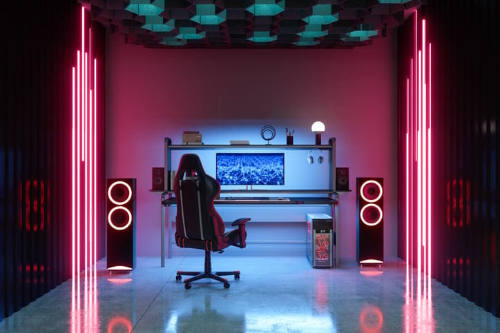 Gaming Room At Night With Neon Lights.