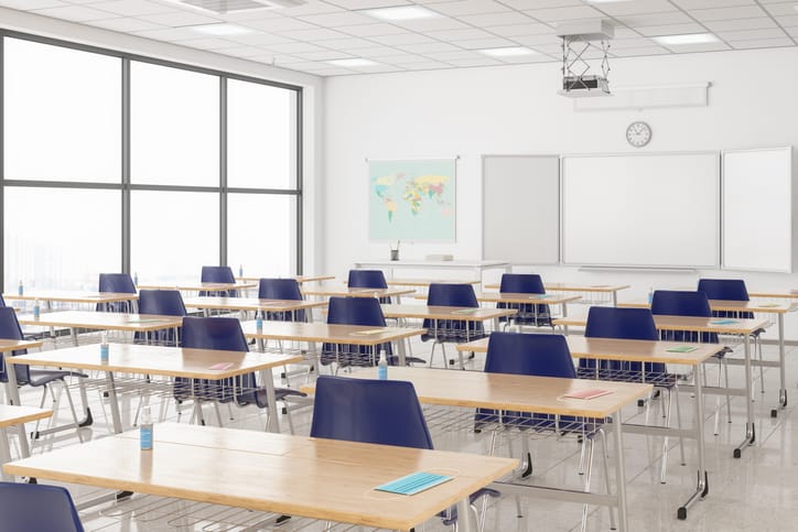 An empty school classroom.