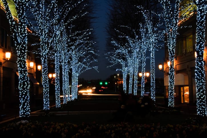 christmas decorations on night street