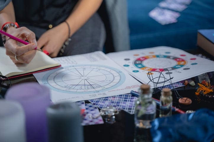 An astrologer making a birth chart analysis.
