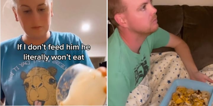 woman feeds husband