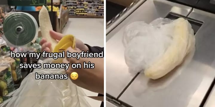 man unpeels bananas at supermarket