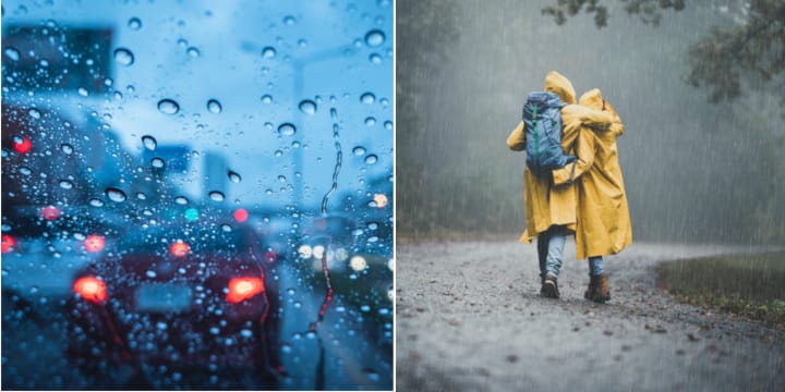 rain on window couple walking