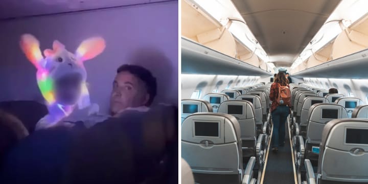 child on flight and empty plane seats