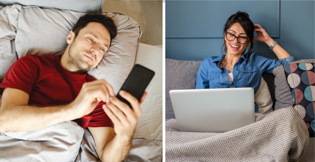 man mobile woman laptop