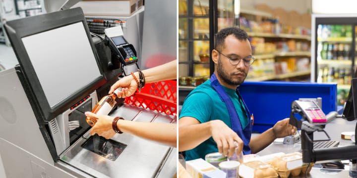 self-checkout; cashier scanning groceries
