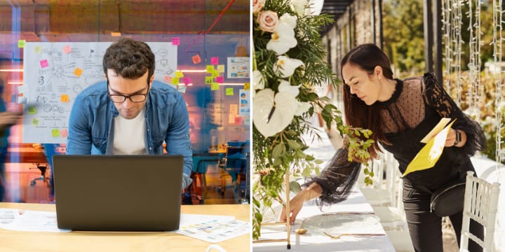 man in office, woman planning wedding