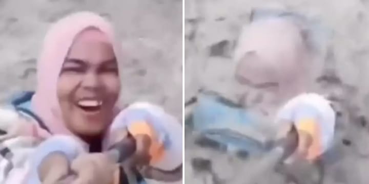 woman taking selfie in tsunami