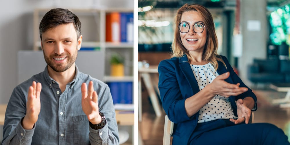 split image - man and woman talking expressively