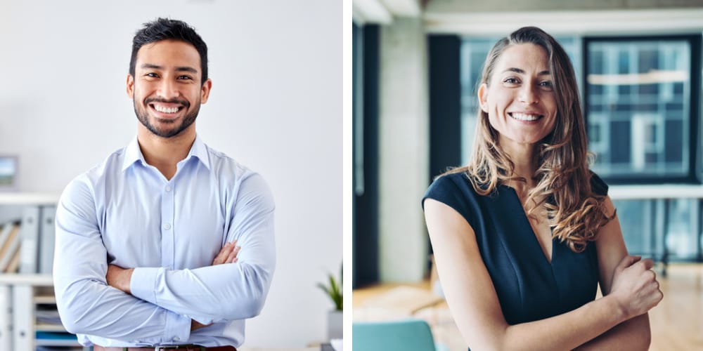 split screen happy man and woman standing
