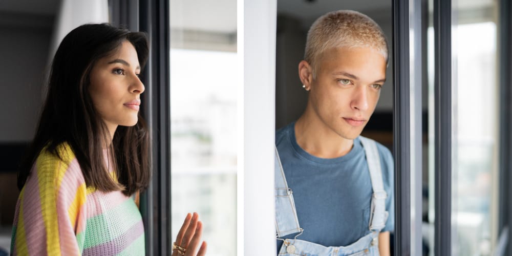 split screen - man and woman looking anxious