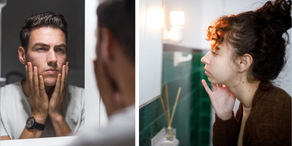 split screen - man and woman looking in the mirror