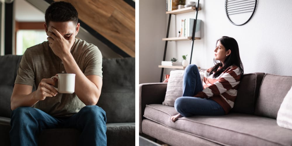 split screen - unhappy man and woman at home