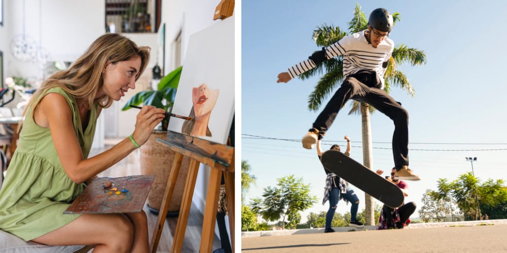 split screen woman drawing, skate boarder