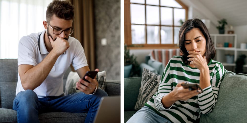 split screen man on phone woman on phone