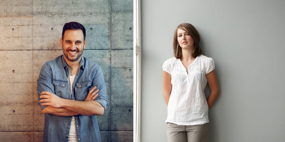 split screen - man and woman standing against a wall
