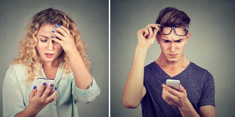 Split screen of a man and woman texting.