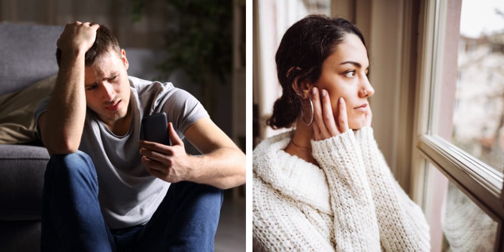split screen miserable man and woman